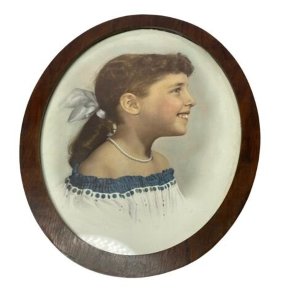Antique Oval Portait Young Girl Blue White Dress Pearls Bow Blue Eyes Framed